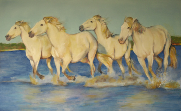  Camargue - Four Passing By - 40x24" 
 oil on masonite, by equine artist Karen Brenner  