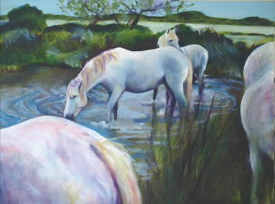 Camargue - Resting along the Water, 18x24", oil on masonite, 
 by equine artist Karen Brenner   